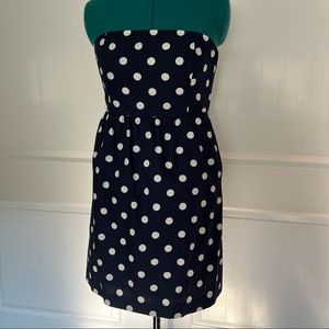 EUC J.Crew cotton navy and white polkadot strapless dress